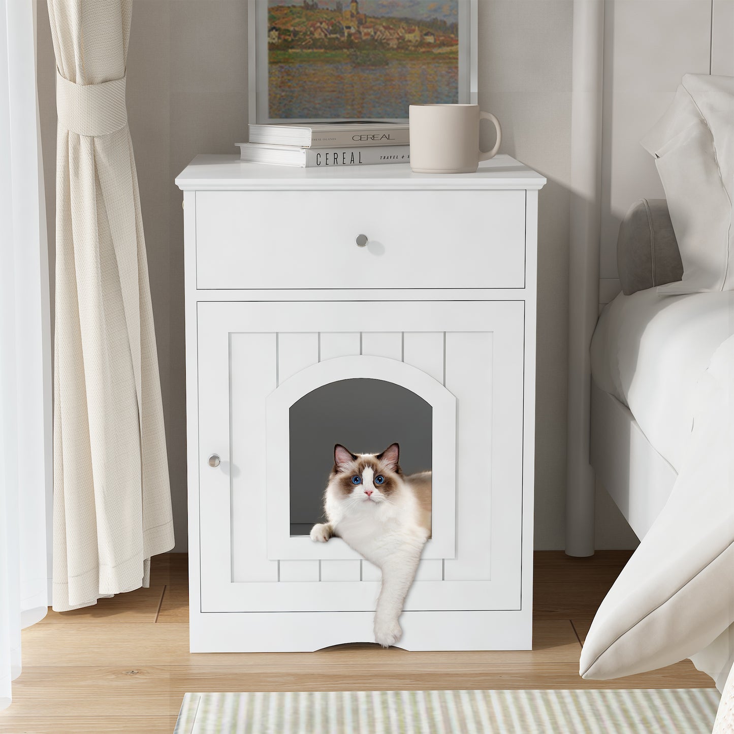 Wooden Drawer Side Table -  Cat Litter Box